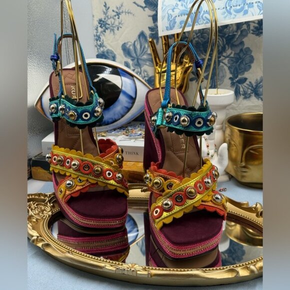 🆕 KURT GEIGER LONDON 🧿 NWOB Scalloped Stud X Wedge Heel Multicolor - Sz 37 US7 - Picture 4 of 12